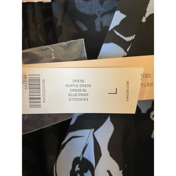 NWT Chico's Black Label Dress Sheath Black Blue Ruffle Size Large L New - Picture 2 of 5